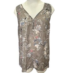 Maurices Floral Blouse Womens Large Taupe Smocked V-Neck Sleeveless Top
